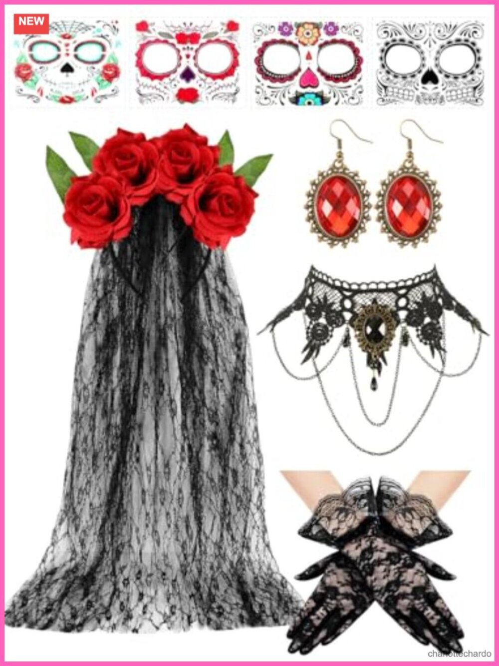 Day of the Dead Costume Accessory Set Lace Veil Gloves Necklace Earrings